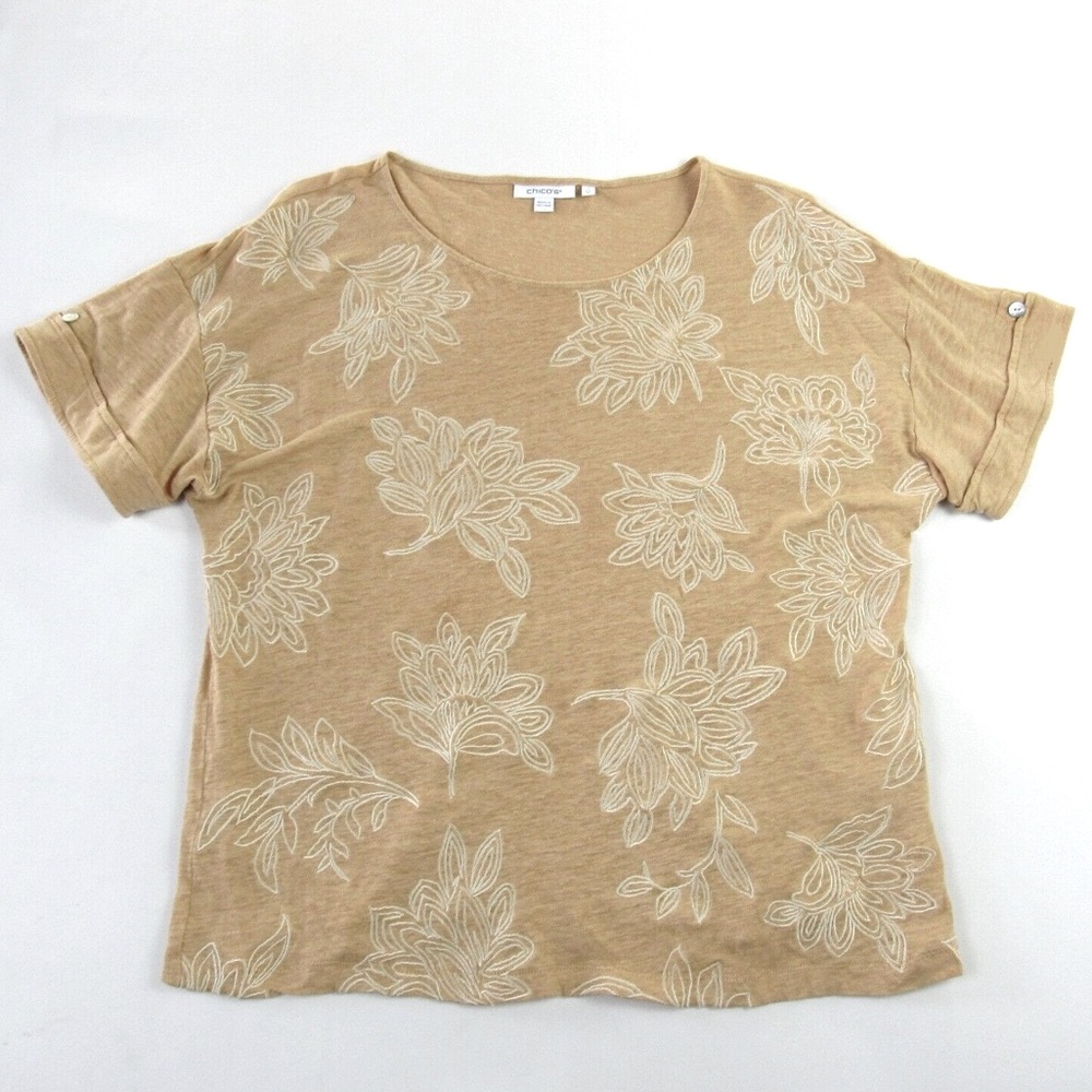 Chicos Beige / Tan Linen Leaf Print Relaxed Fit Short Sleeve Shirt Womens Size 0